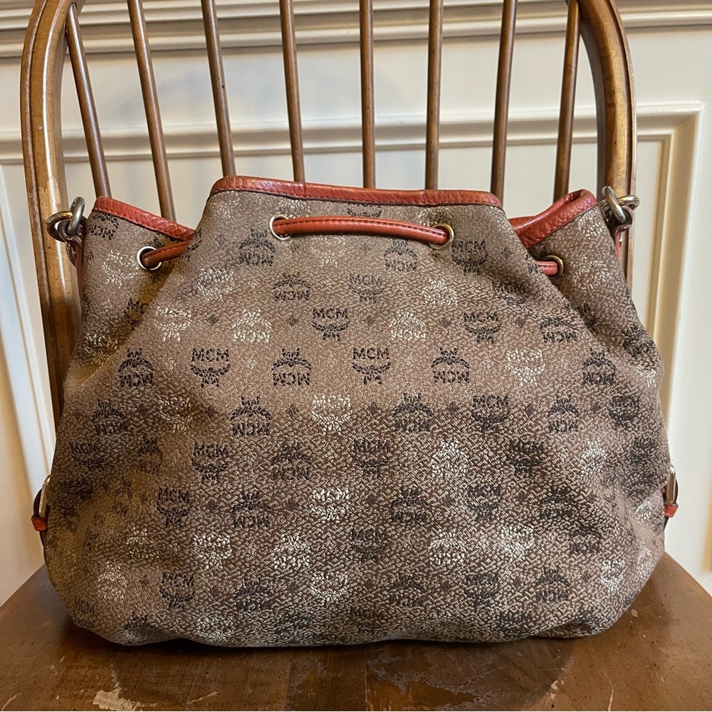 MCM Visetos Jacquard Bucket Bag Drawstring Crossbody Shoulder Brown Orange - Picture 3 of 16